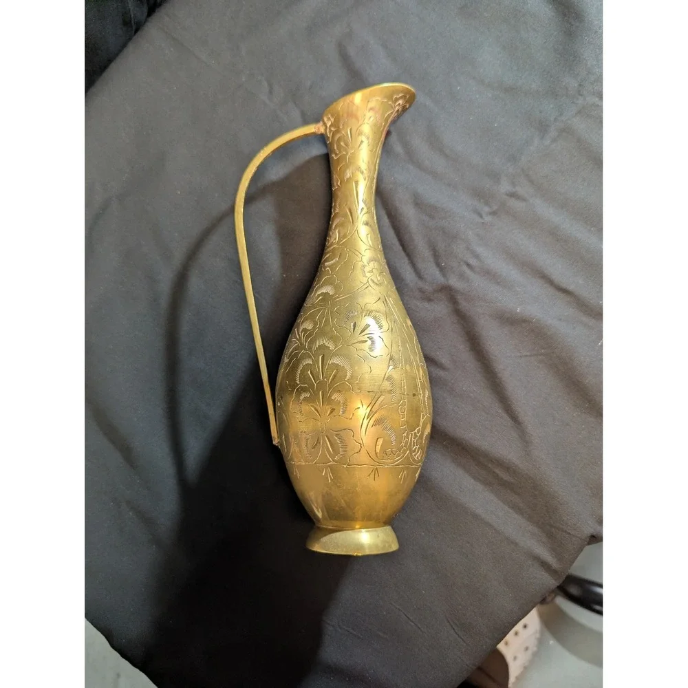 Vintage Brass Pitcher Etched Floral Hand Crafted India Decorative Vase 11in